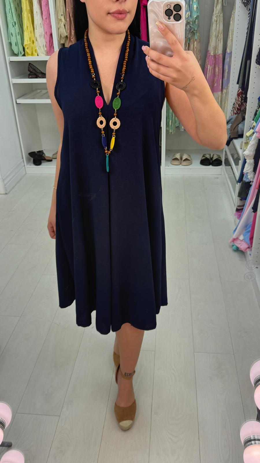 Ebby Plain V Neck loose Fit Necklace Dress