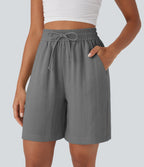 High Waisted Drawstring Casual Linen-Feel Shorts with Pockets