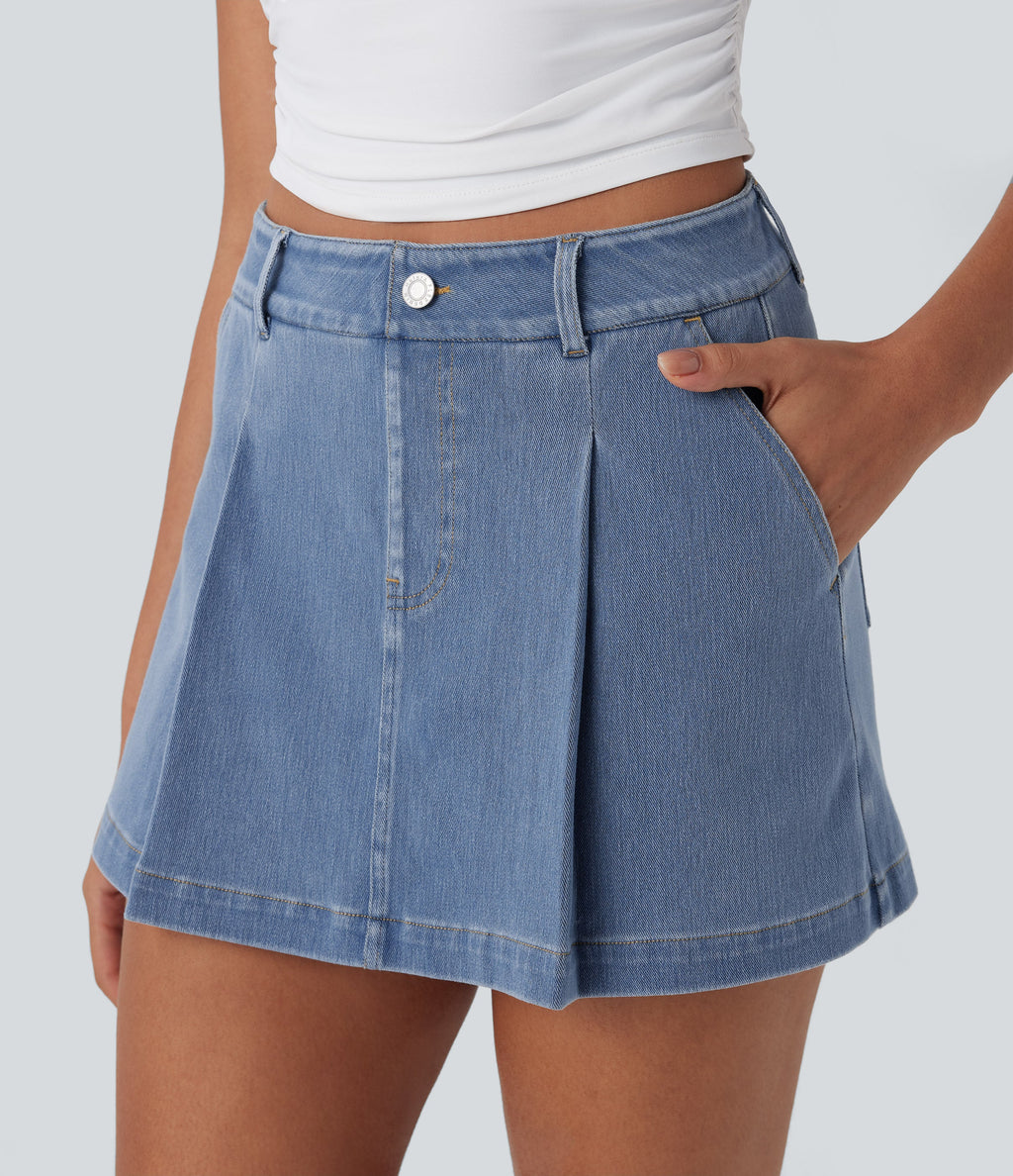 FlexTM High Waisted 2-in-1 Washed Stretchy Knit Denim Casual A-line Skort with Pockets