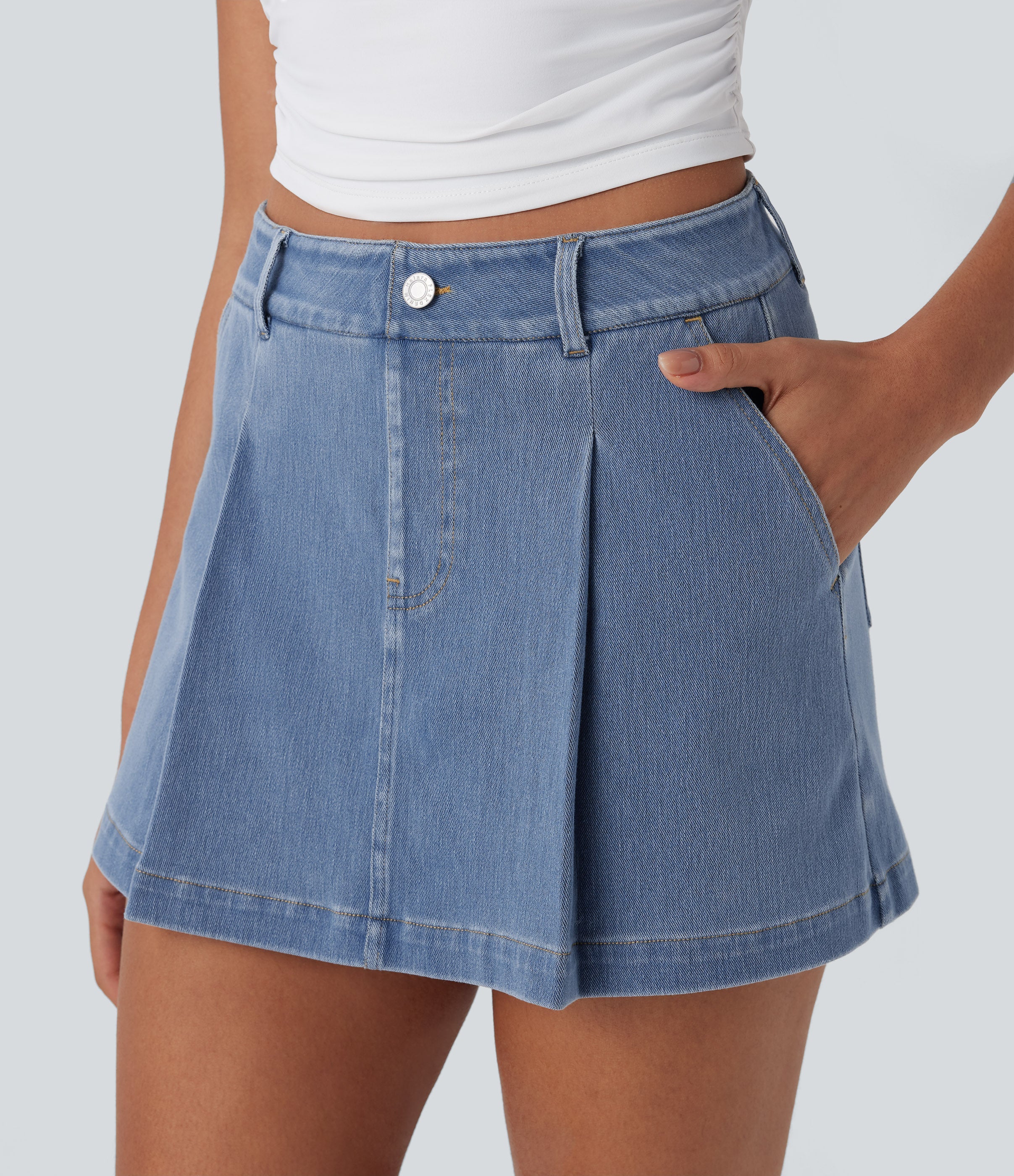 FlexTM High Waisted 2-in-1 Washed Stretchy Knit Denim Casual A-line Skort with Pockets