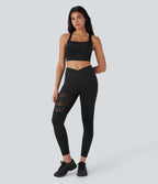 High Waisted Crossover Contrast Mesh Studded Yoga Leggings with Pocket
