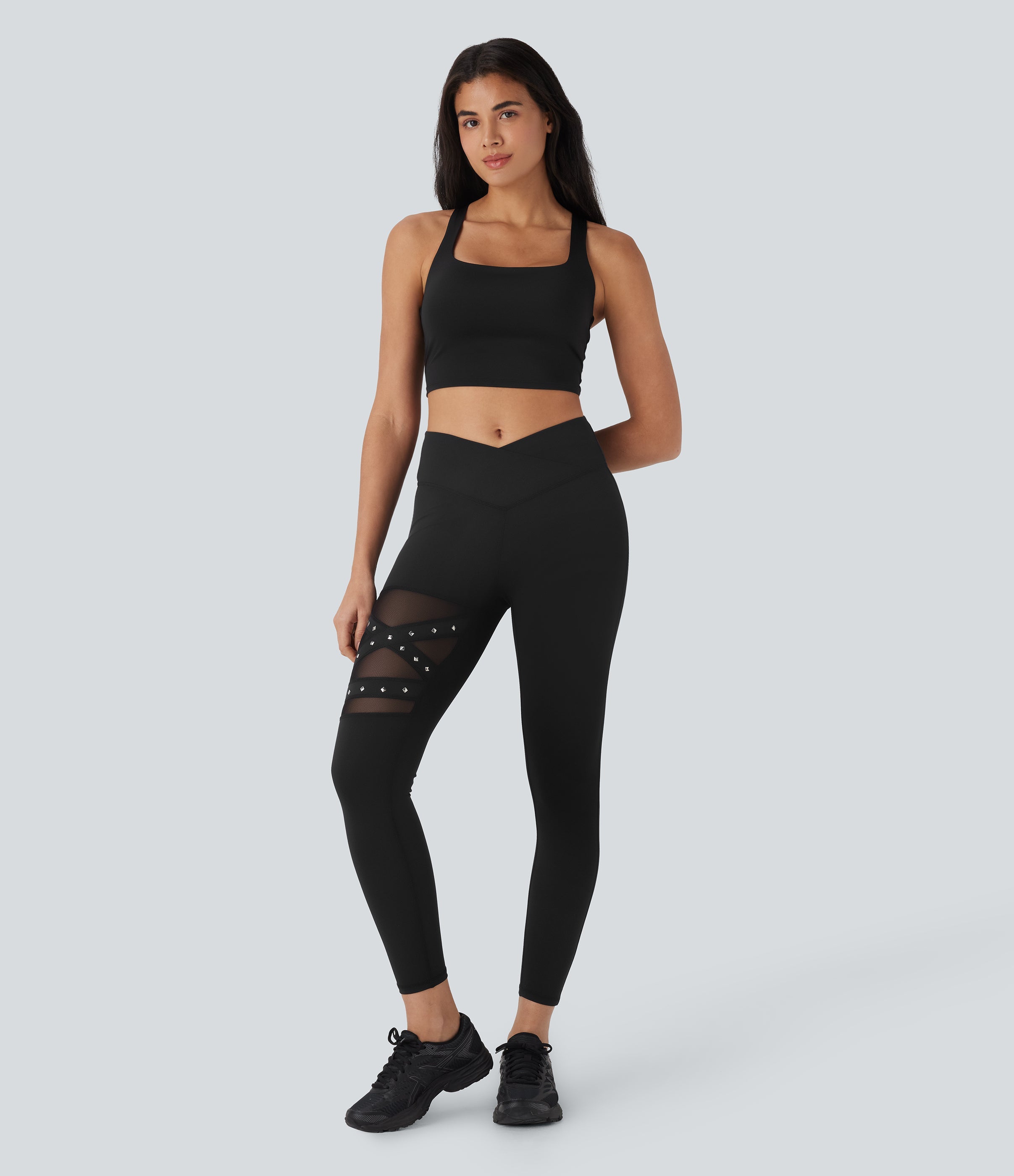 High Waisted Crossover Contrast Mesh Studded Yoga Leggings with Pocket