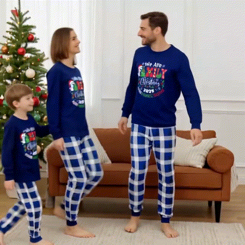 "We are Family 2025 Christmas Make Memories Together" Slogan Print Blue Long Sleeve with Versatile Blue and White Plaid Pants Family Matching Pajamas