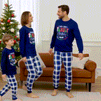 "We are Family 2025 Christmas Make Memories Together" Slogan Print Blue Long Sleeve with Versatile Blue and White Plaid Pants Family Matching Pajamas