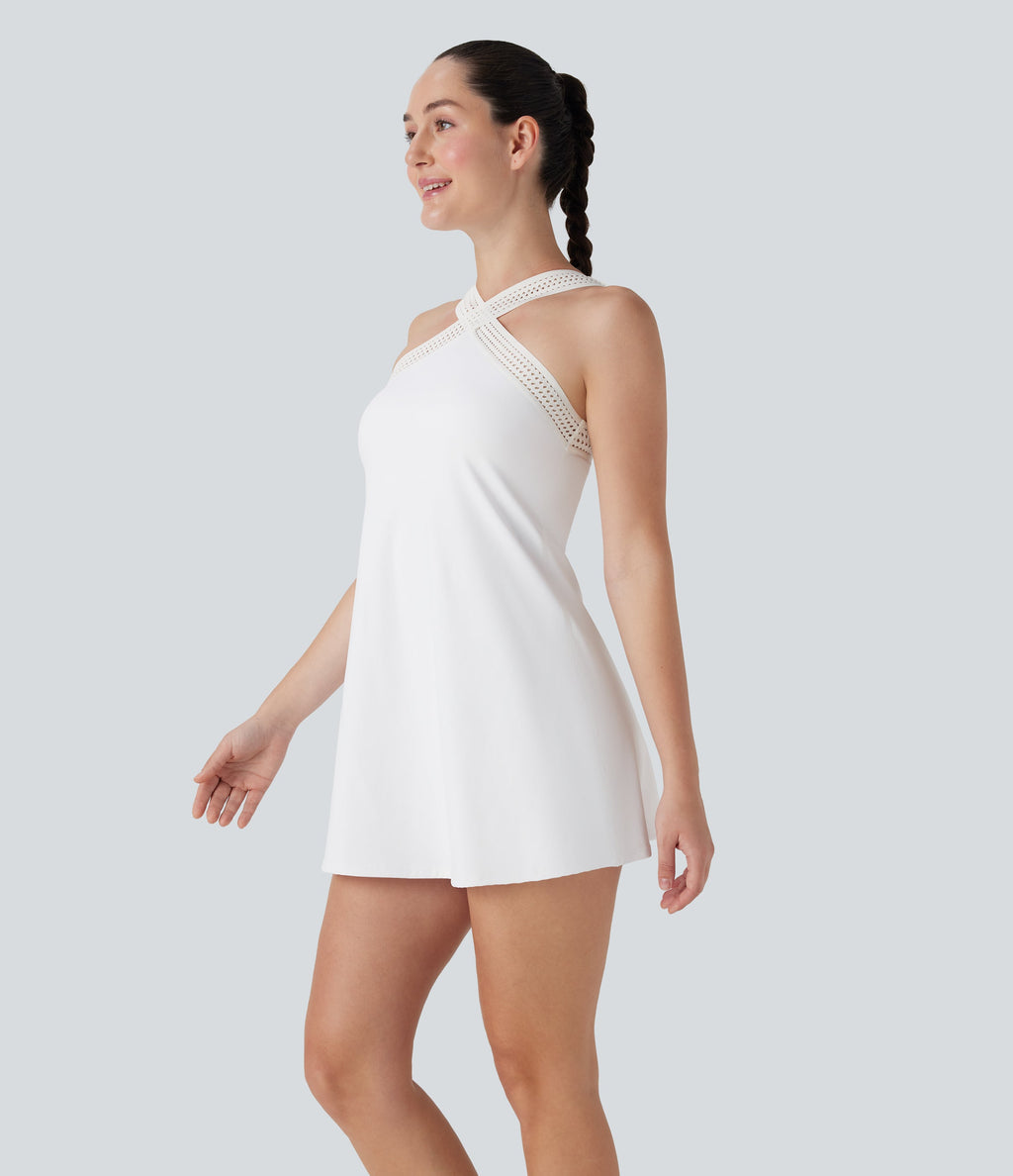 SoftlyzeroTM Airy Halter Cut Out Backless 2-in-1 Cool Touch Mini Yoga Active Dress with Side Pockets-Easy Peezy Edition-UPF50+