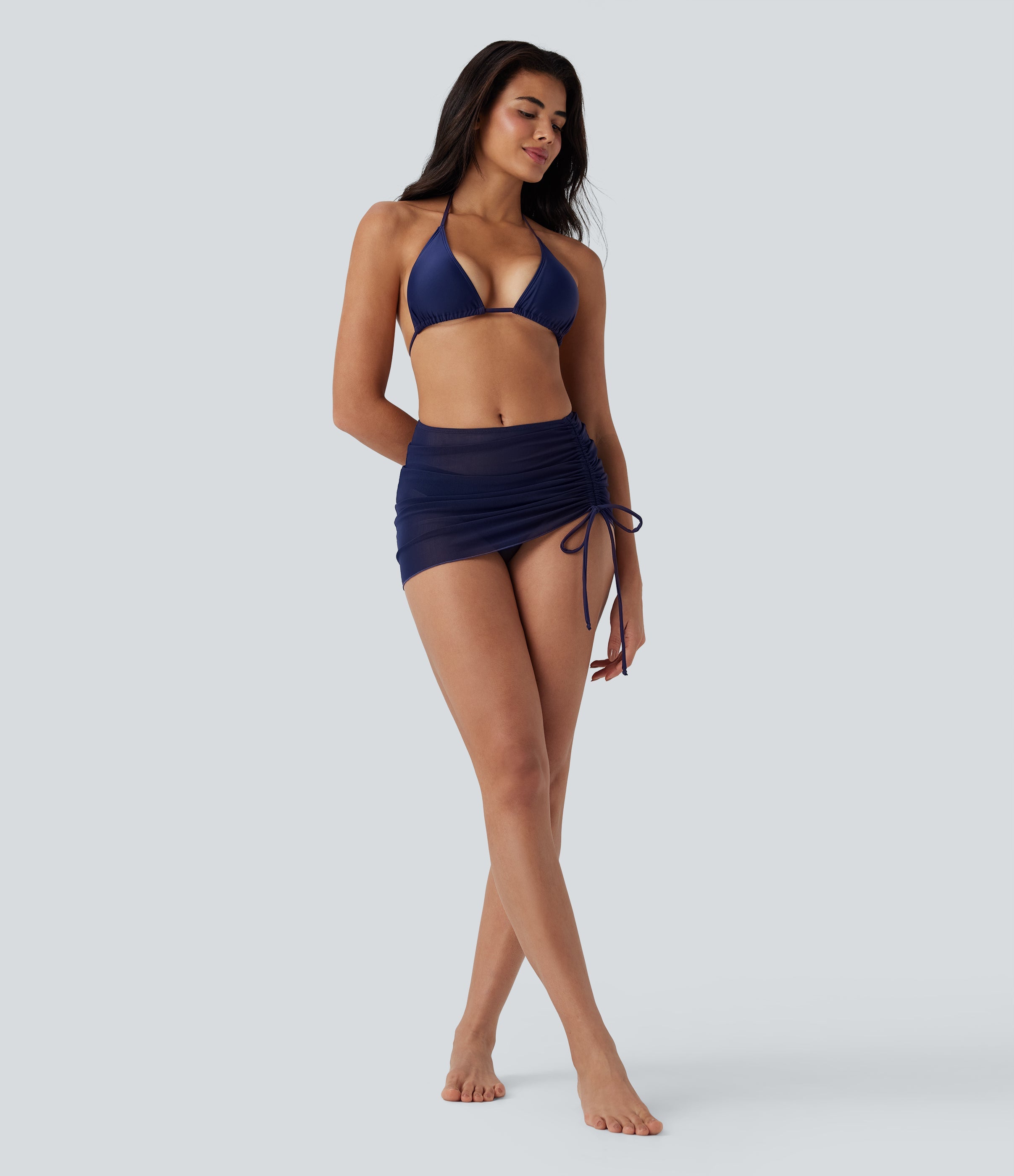 Sheer Mesh Halter Tie Back Drawstring 3-Piece Bikini Set