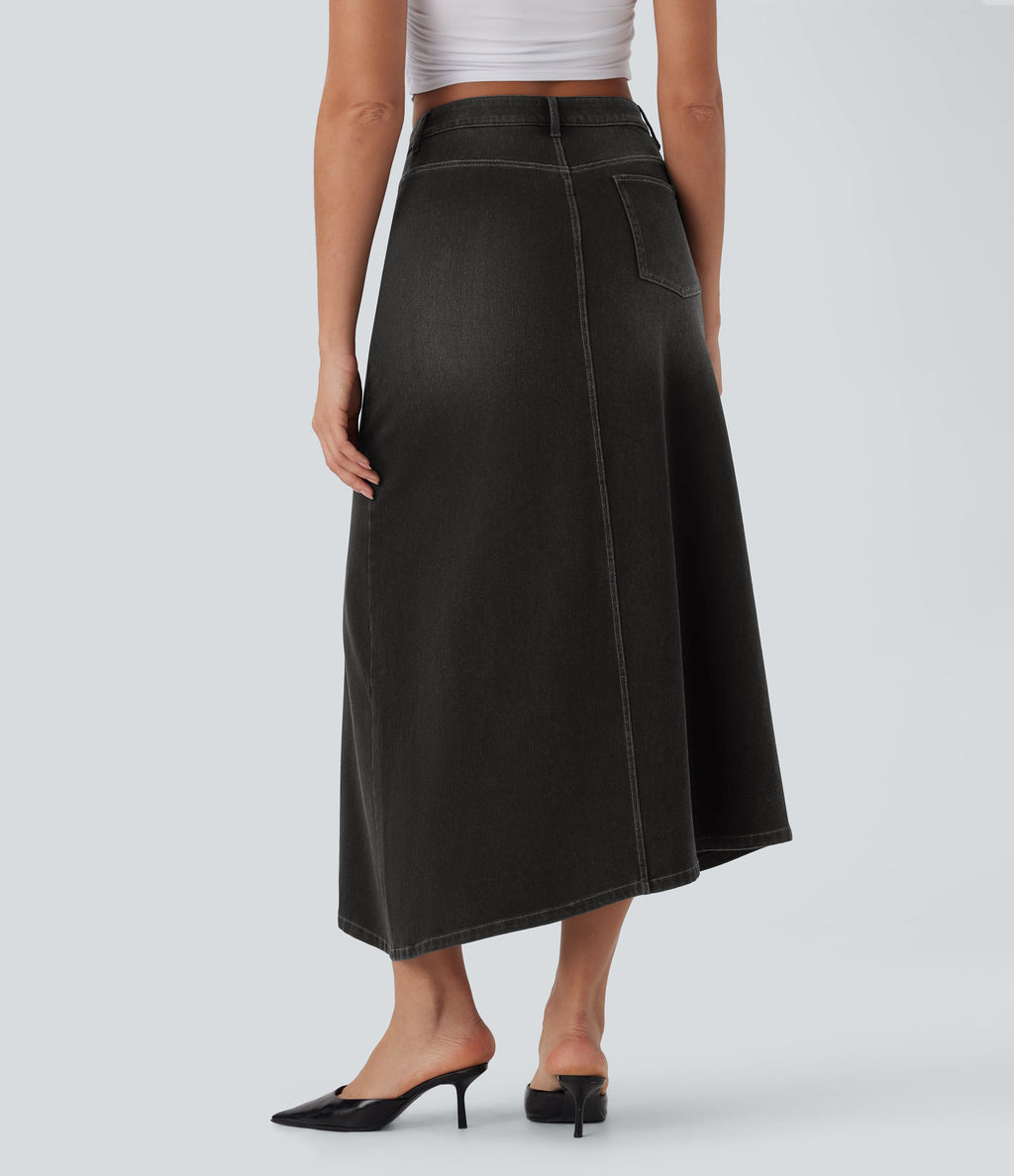FlexTM Asymmetric Mid Rise Denim Maxi Casual Skirt with Pockets