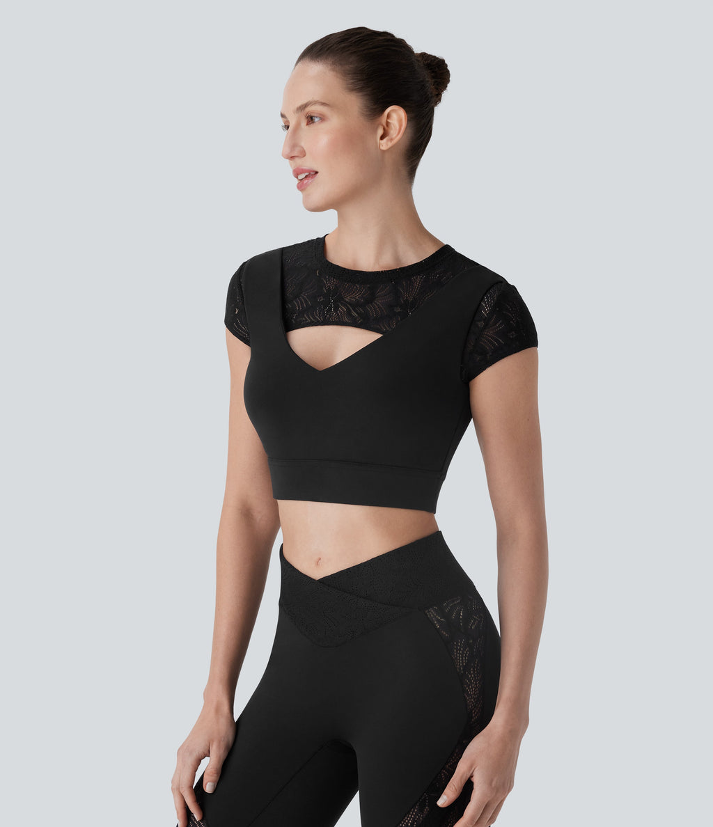 SoftlyZeroTM Contrast Lace Short Sleeve Cropped Yoga Sports Top-UPF50+