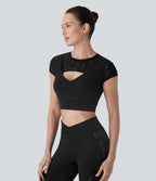 SoftlyZeroTM Contrast Lace Short Sleeve Cropped Yoga Sports Top-UPF50+