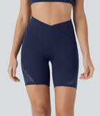 SoftlyzeroTM High Waisted Crossover Contrast Lace Yoga Biker Shorts 7'' with Pockets-UPF50+