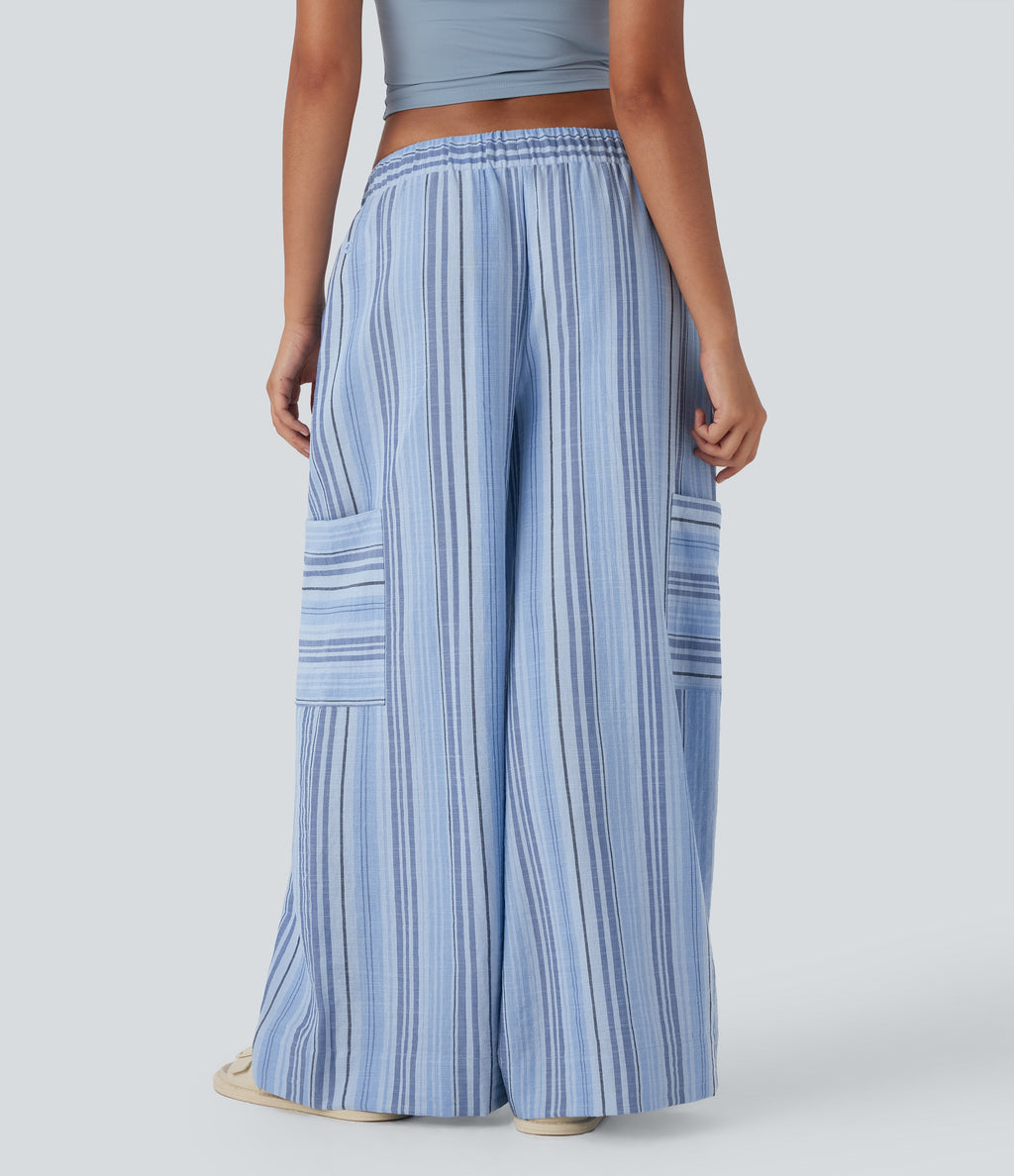 Low Rise Drawstring Wide Leg Stripe Casual Linen-Feel Pants with Pockets