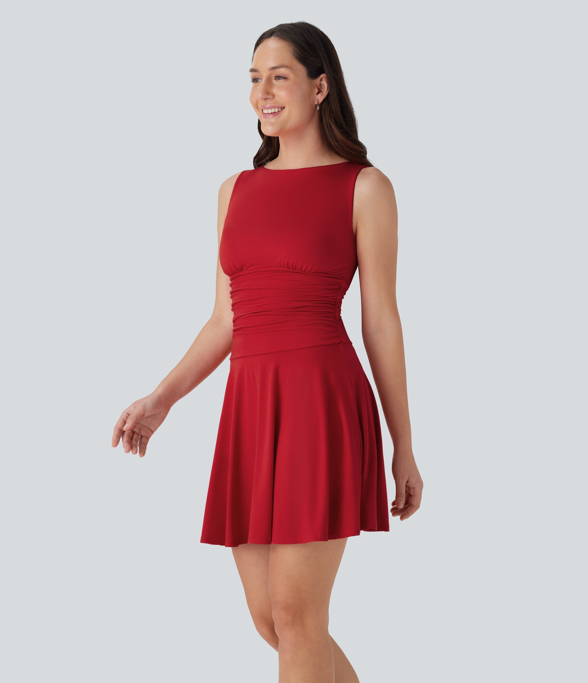 Boat Neck Sleeveless Ruched Flowy Mini Casual Dress