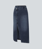 FlexTM Asymmetric Mid Rise Denim Maxi Casual Skirt with Pockets