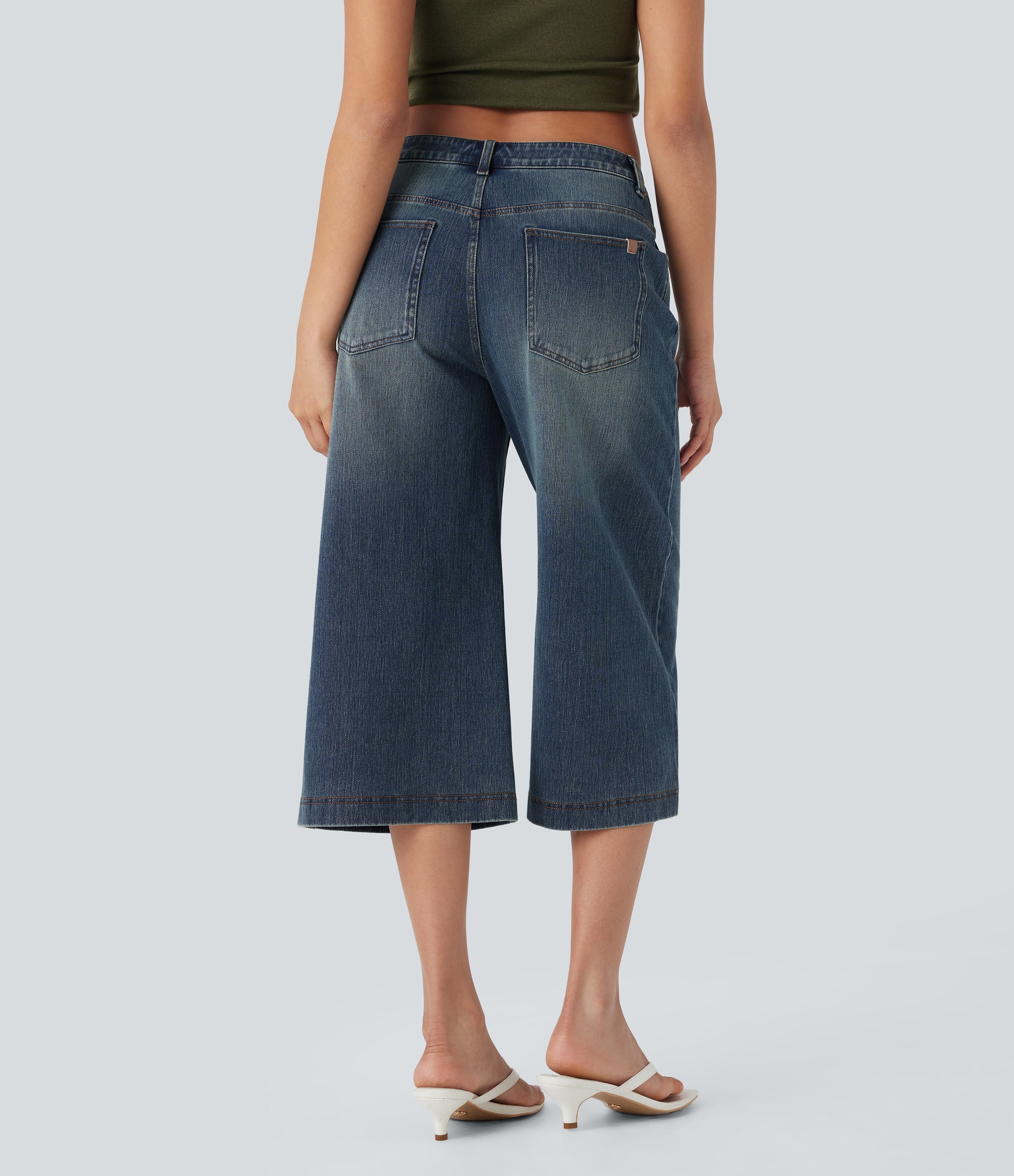 FlexTM Low Rise Washed Casual Capri Baggy Jeans with Pockets