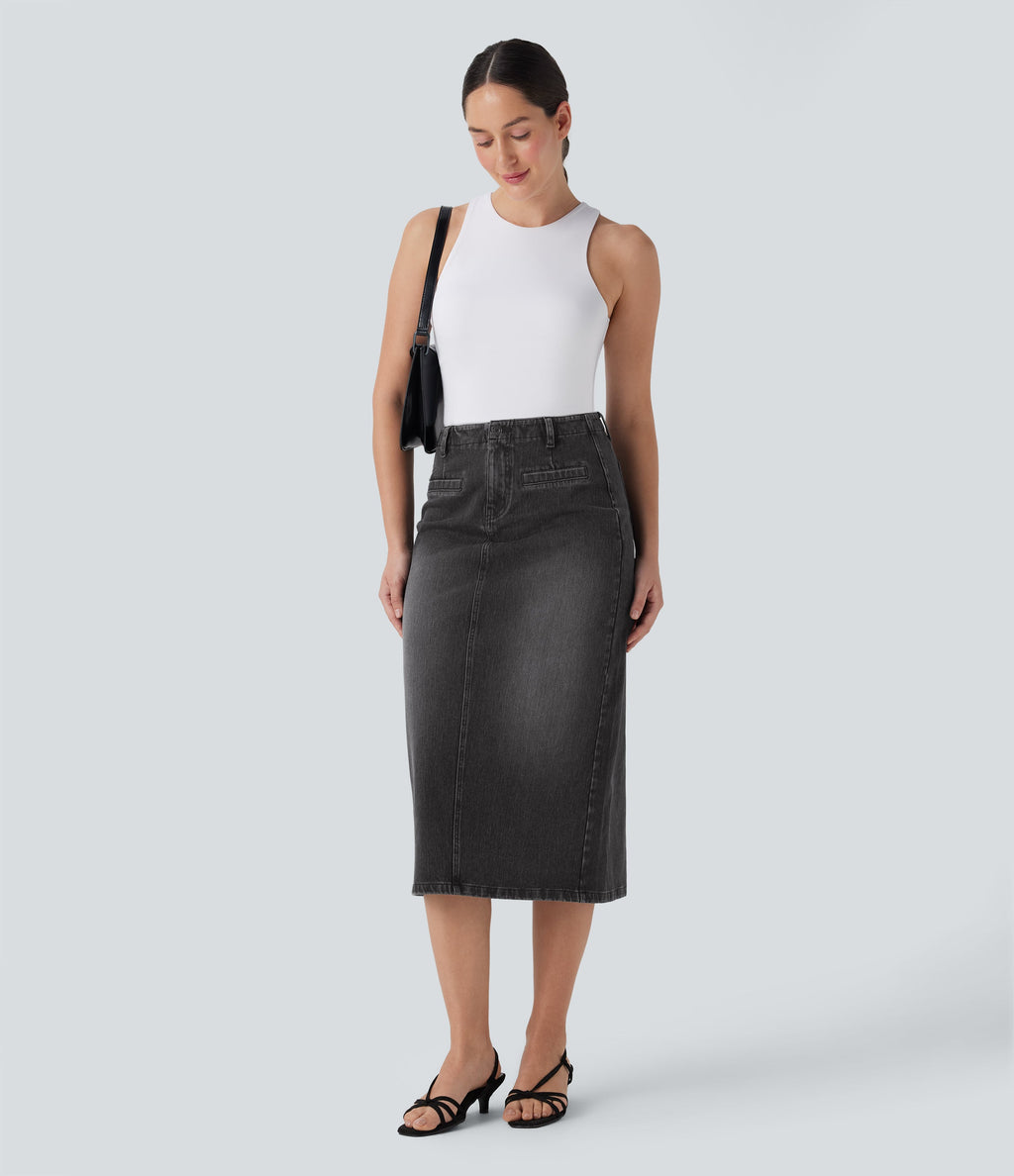 FlexTM Mid Rise Back Midi Washed Denim Casual Straight Skirt with Pockets