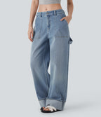 FlexTM Low Rise Rolled Hem Washed Casual Baggy Jeans with Pockets