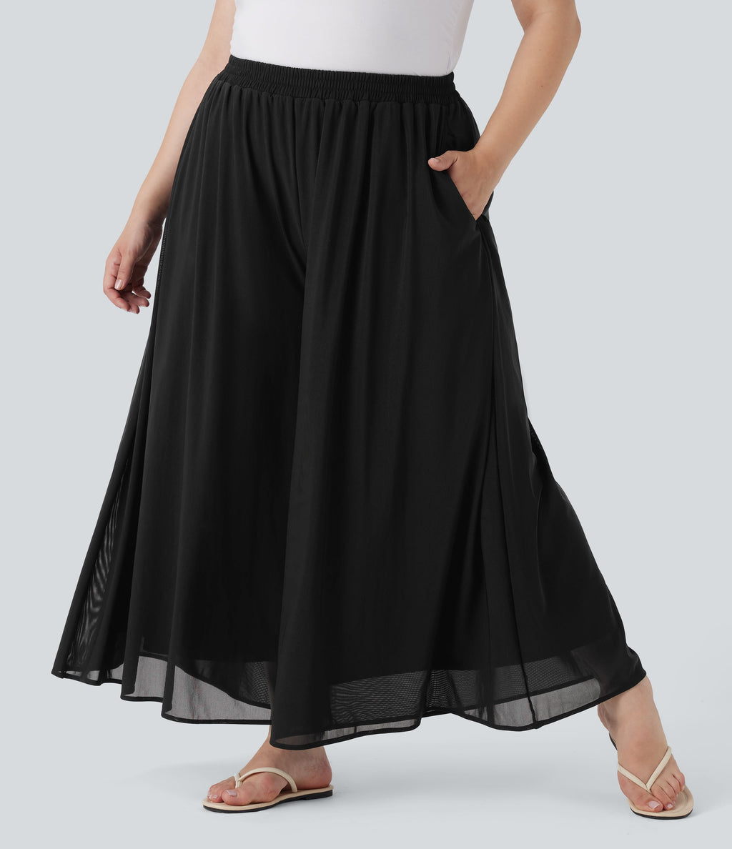 Plus Size High Waisted Mesh Overlay Wide Leg Casual Pants with Pockets