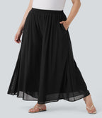 Plus Size High Waisted Mesh Overlay Wide Leg Casual Pants with Pockets