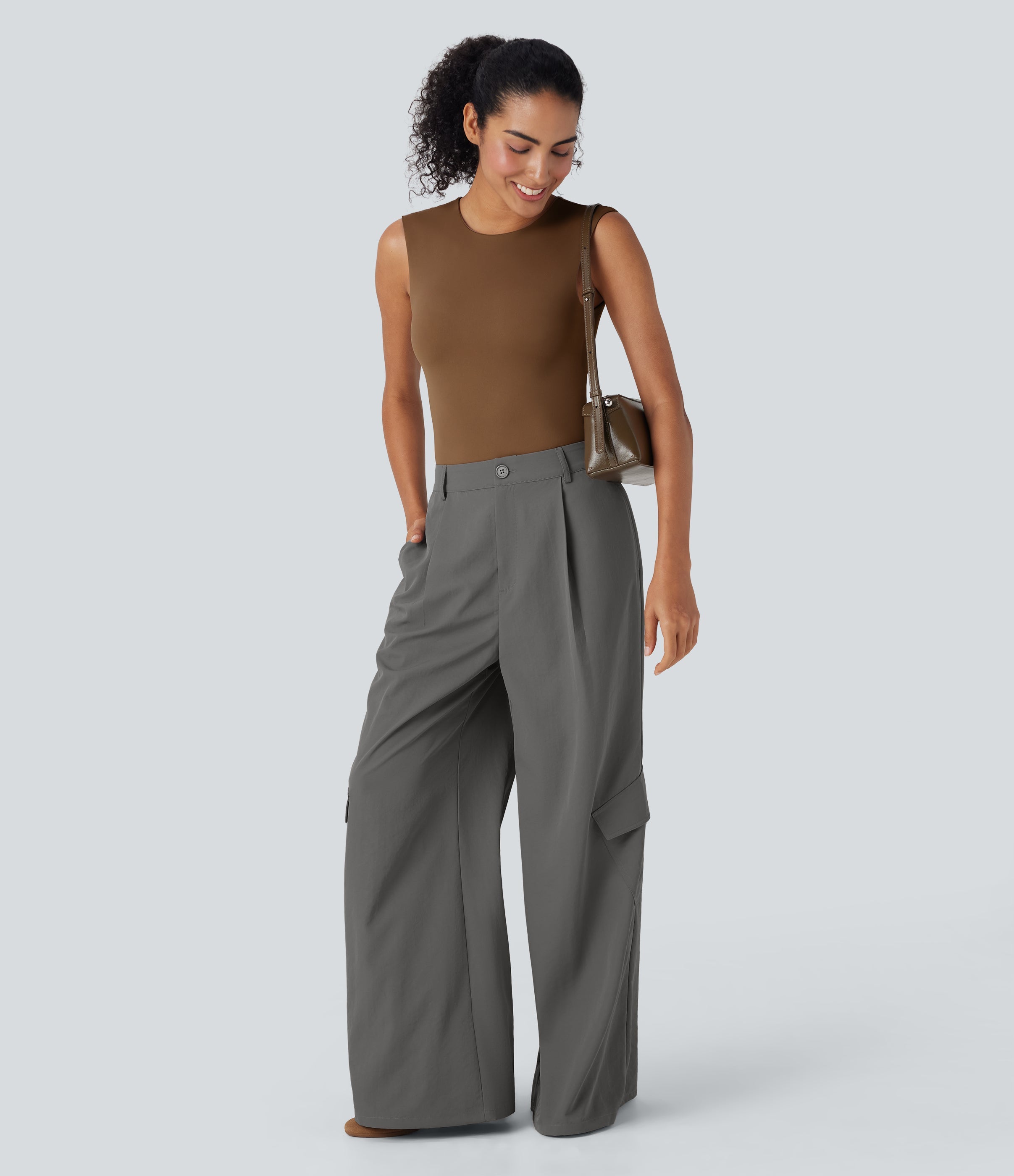 High Waisted Wide Leg Casual Cargo Pants with Pockets