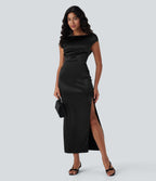 Boat Neck Cap Sleeve Ruched Satin Dress