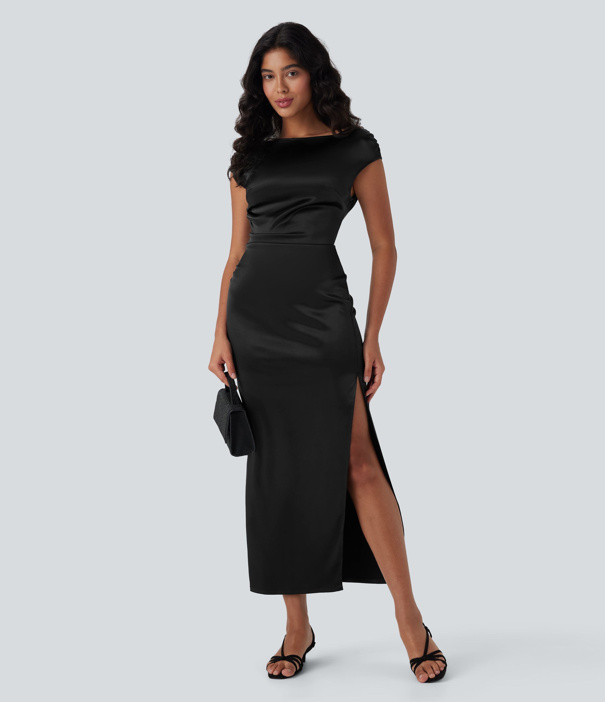 Boat Neck Cap Sleeve Ruched Satin Dress