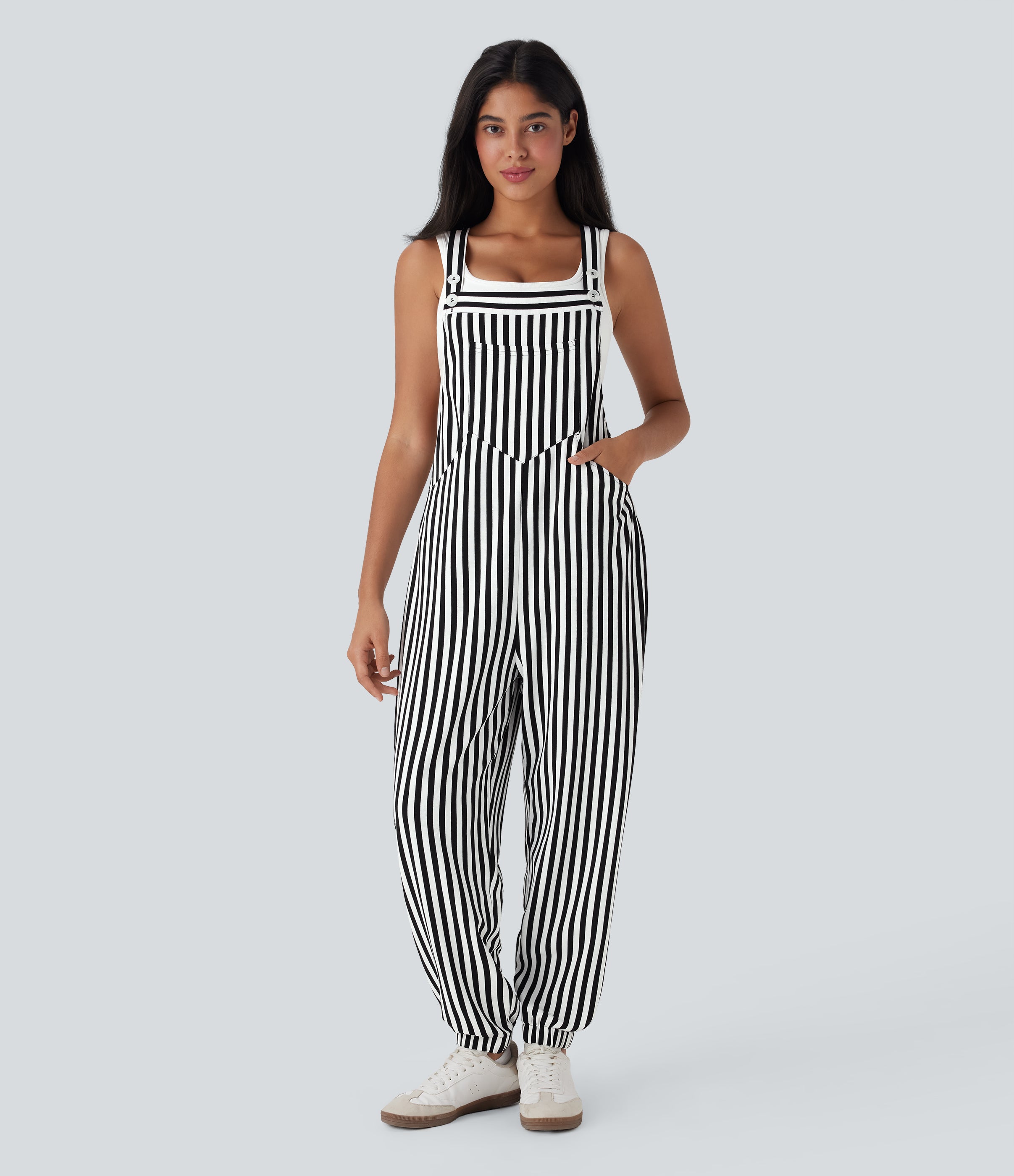 Stripe Waffle Jogger Overalls with Pockets