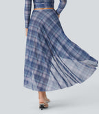 Sheer Mesh High-Waisted High-Low Plaid Maxi Flowy Skirt