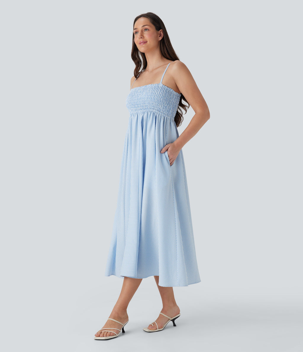 Shirred Stripe Midi Slip Dress with Pockets