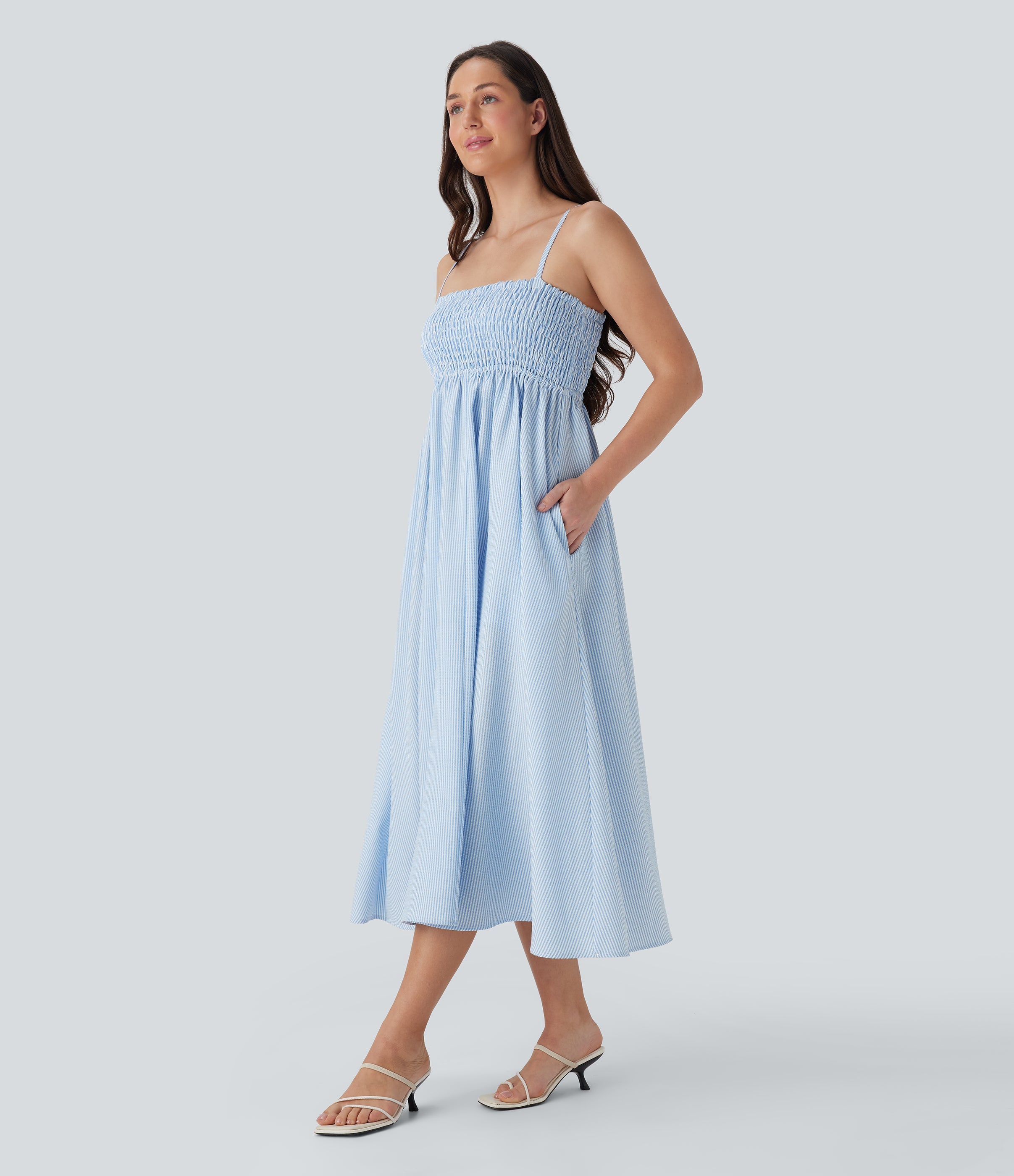 Shirred Stripe Midi Slip Dress with Pockets