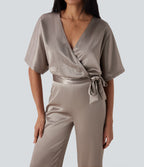 Crossover V Neck Belted Wide Leg Satin-like Work Jumpsuit with Pockets