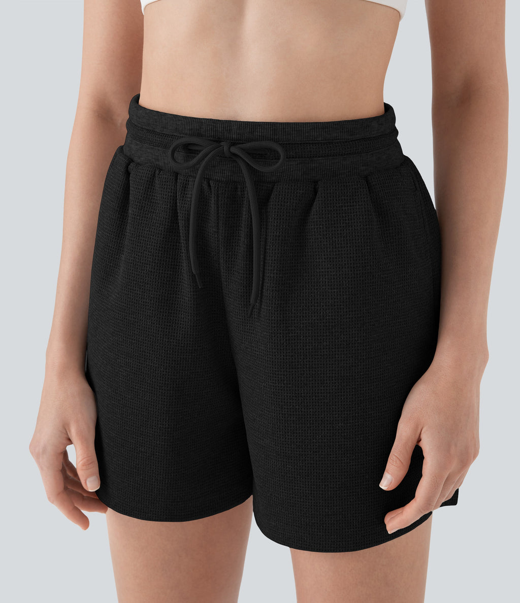 High Waisted Drawstring Waffle Yoga Shorts with Pockets