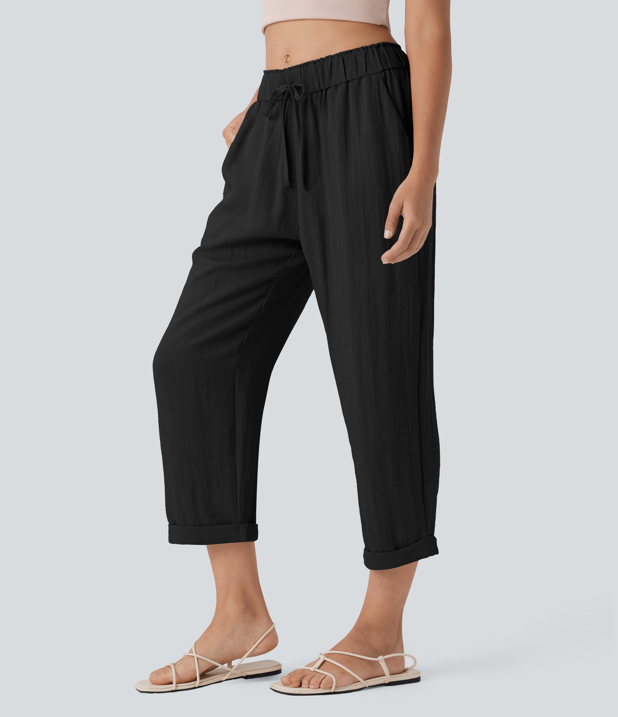 Mid Rise Drawstring Casual Tapered Pants with Pockets