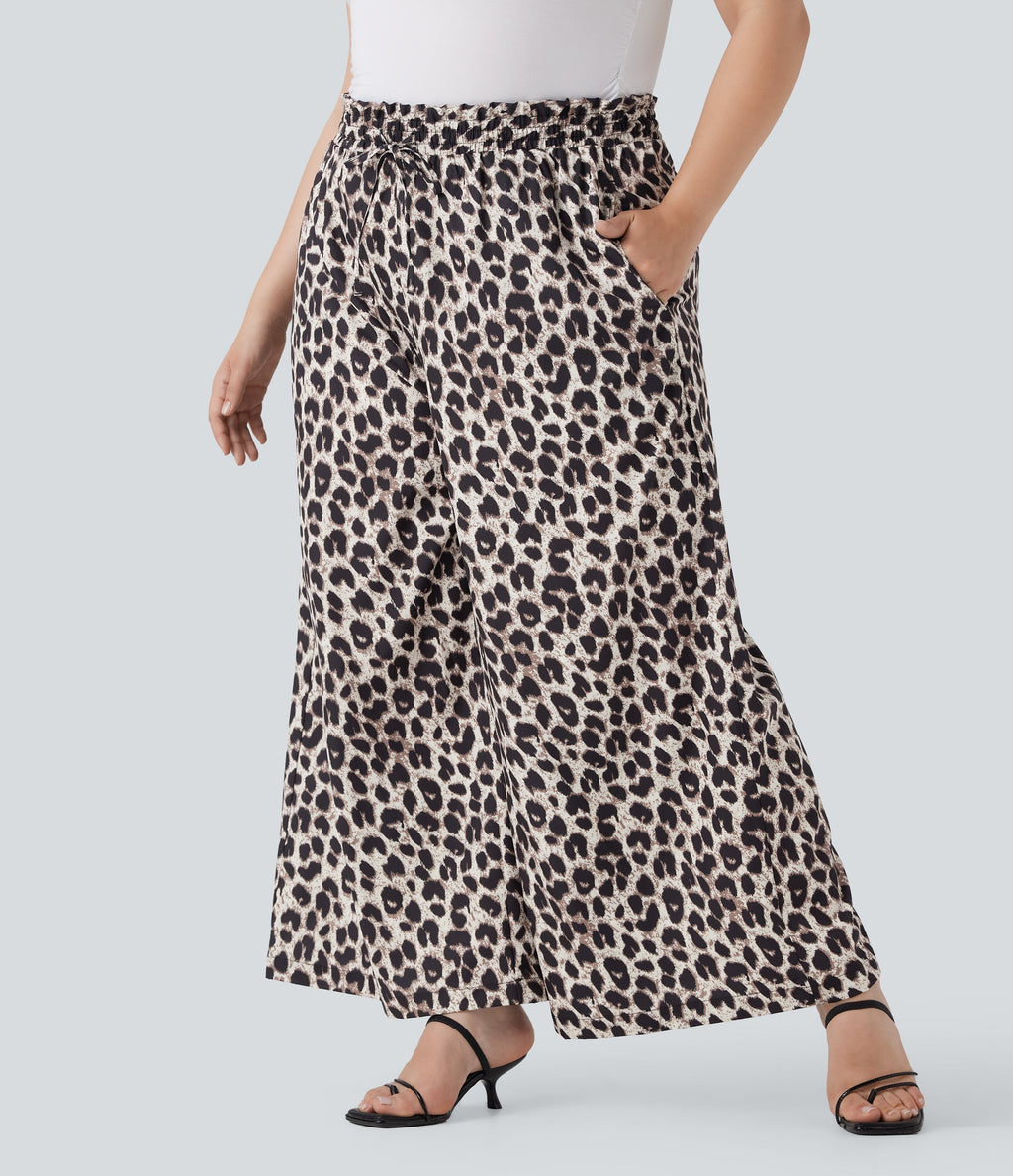 Plus Size High Waisted Drawstring Leopard Print Wide Leg Casual Pants with Pockets