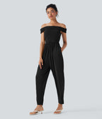 Off Shoulder Back Zipper Casual Jumpsuit with Pockets-Easy Peezy