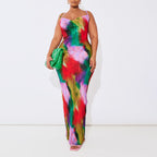 Plus Multi Printed Plisse Cowl Neck Maxi Dress