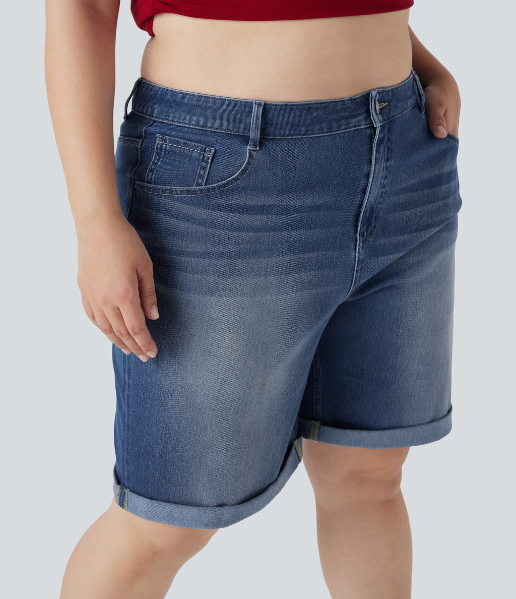 FlexTM High Waisted Multiple Pockets Rolled Hem Washed Stretchy Knit Denim Casual Plus Size Bermuda Shorts
