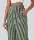 High Waisted Straight Leg Crinkle Casual Pants with Pockets