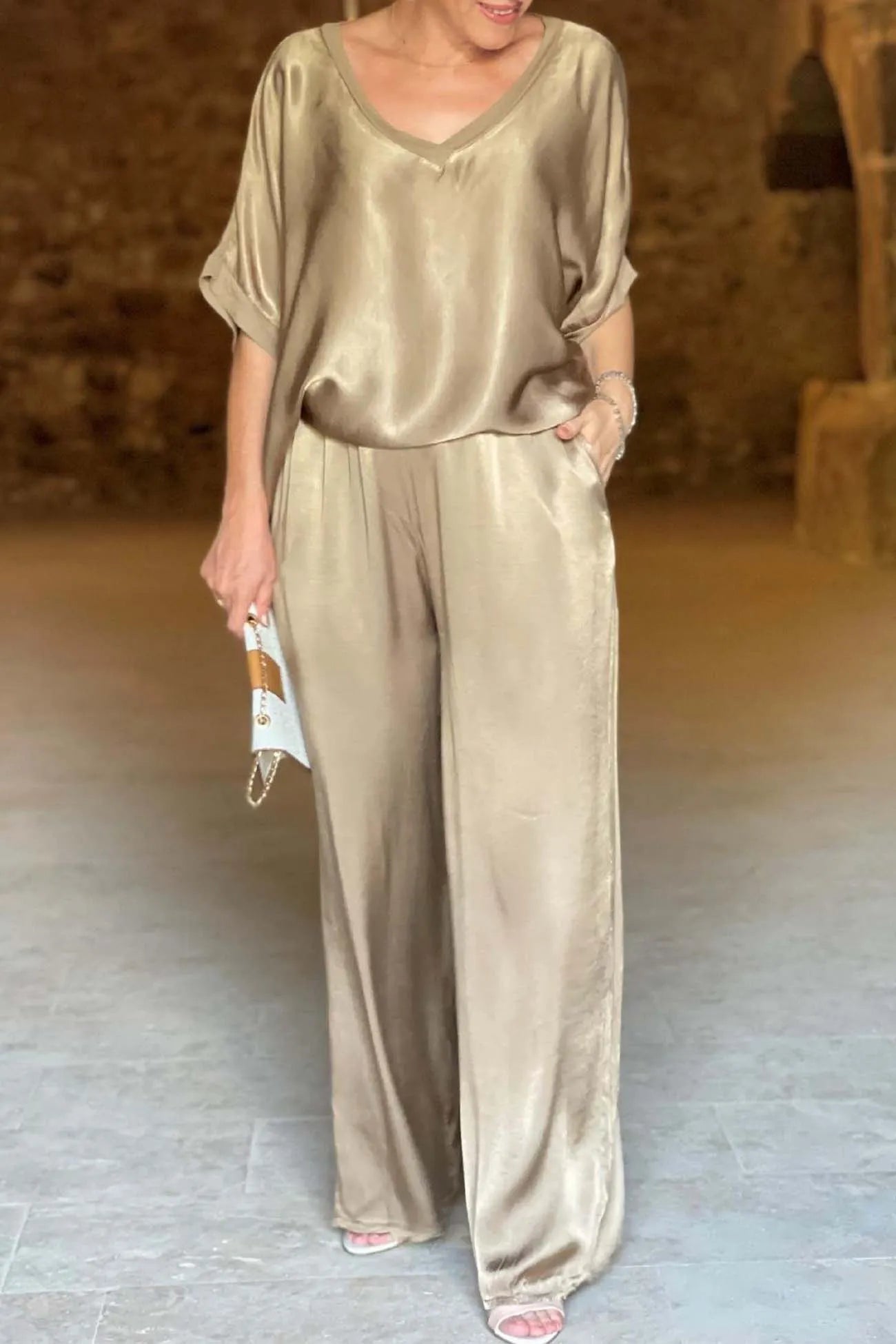 Women's V-Neck Tops Long Pants Set Casual Loose Outfit Summer Homewear Suit