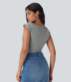 High Stretch Ribbed Knit Lace Halter Cap Sleeve Top