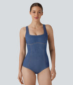 FlexTM Square Neck Racerback Cool Touch Washed Denim Tennis Bodysuit