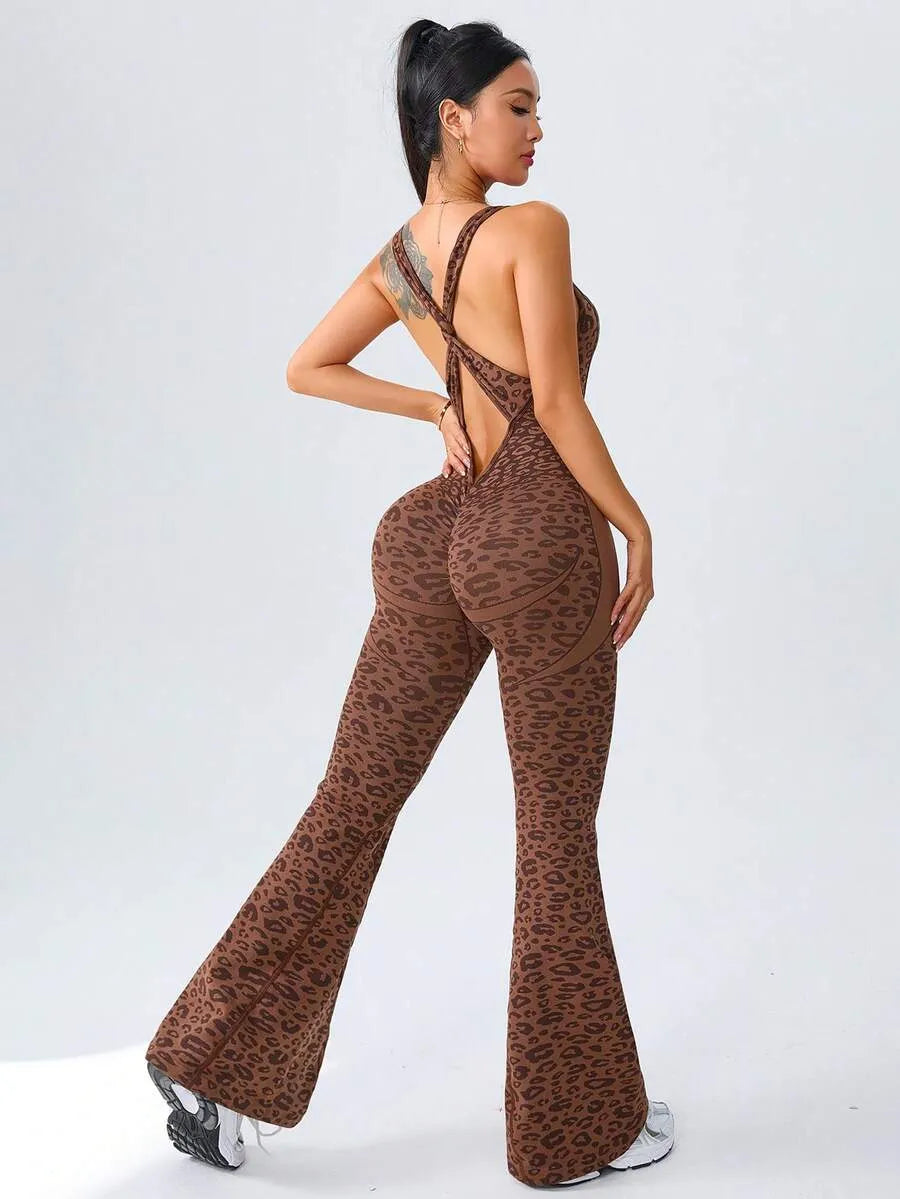 Women's Leopard Print Yoga Jumpsuit, Cross Strap Design, Long Sleeve Slim Fit, Casual Fashion for All Seasons, Comfortable Wear at Home