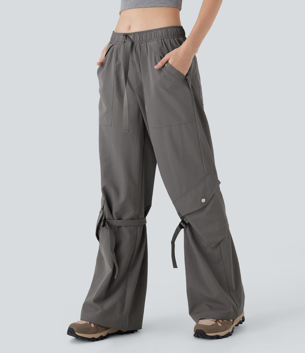 Mid Rise Belted Wide Leg Hiking Cargo Pants with Pockets