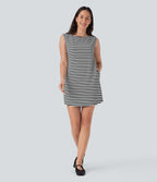 Boat Neck Sleeveless Curved Hem Mini Stripe Waffle Casual Dress with Pockets