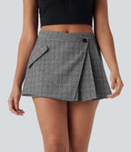 Mid Rise Pleated 2-Piece Houndstooth Mini Casual Skirt with Pockets