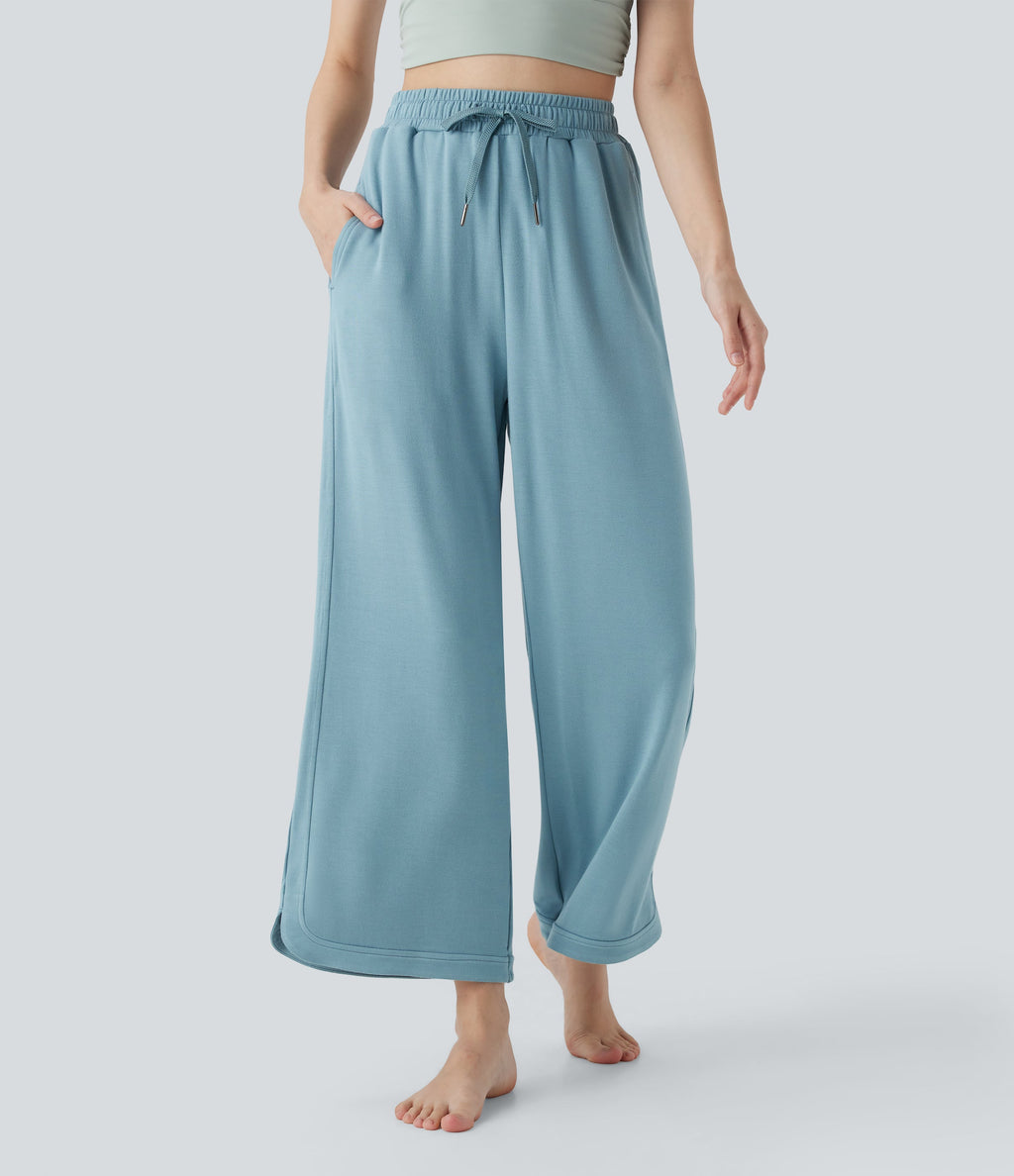 High Waisted Drawstring Curved Hem Straight Leg Yoga Pants with Pockets