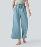 High Waisted Drawstring Curved Hem Straight Leg Yoga Pants with Pockets
