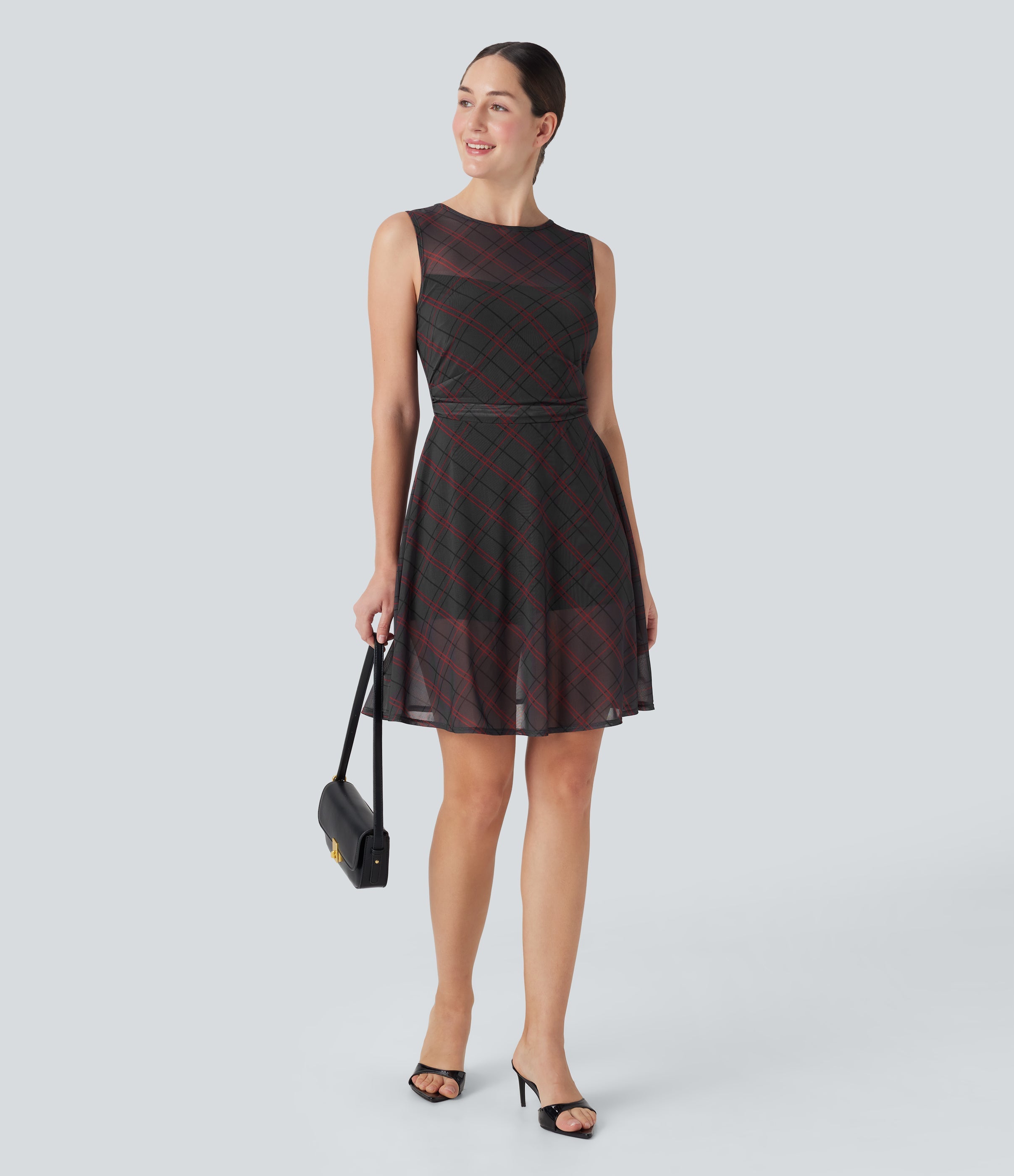 Sleeveless Plaid Contrast Mesh 2-in-1 Mini Casual Dress with Pocket