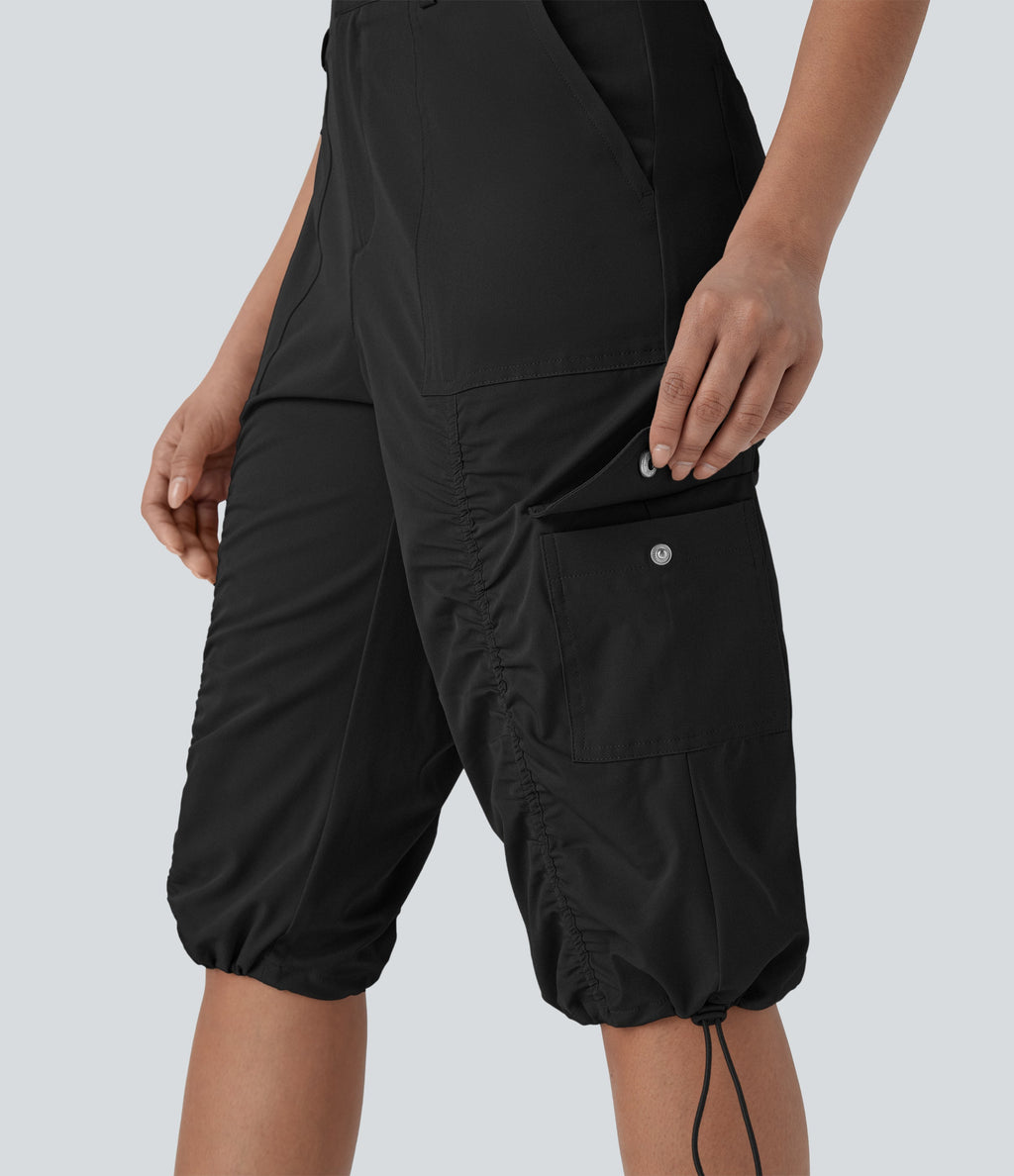Mid-Rise Ruched Cargo Quick-Dry Casual Pedal Pusher Pants with Pockets