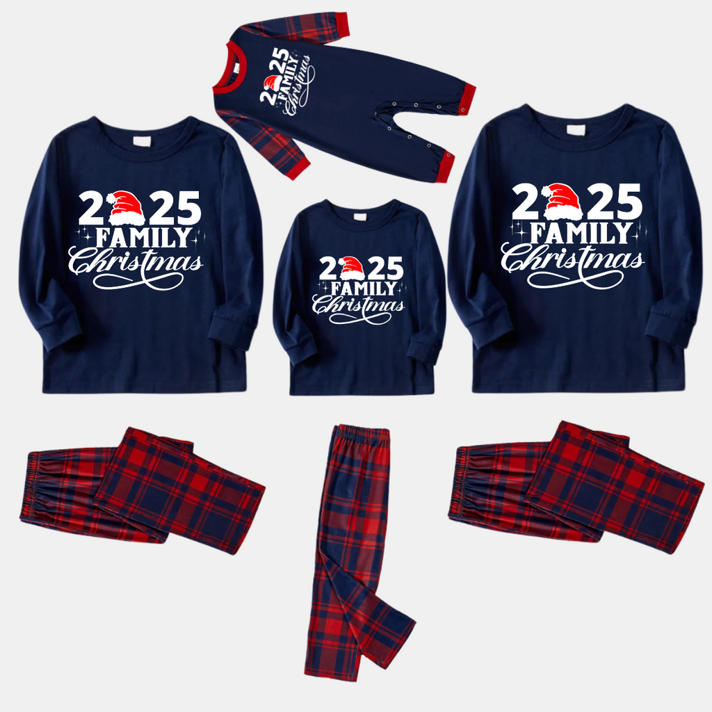 "2025 Family Christmas" Text Print Blue Long Sleeve Top with Blue & Red Plaid Family Matching Pajamas
