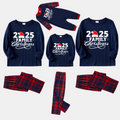 "2025 Family Christmas" Text Print Blue Long Sleeve Top with Blue & Red Plaid Family Matching Pajamas